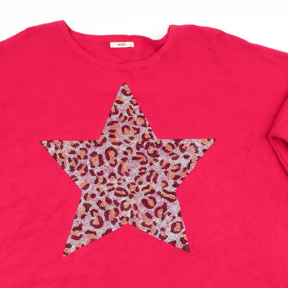Moewy by Tu Womens Red   Pullover Jumper One Size  - Beaded Star Bat Wing Longline