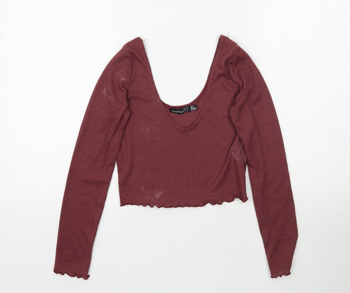 Boohoo Womens Red Basic T-Shirt Size 6 - Maroon