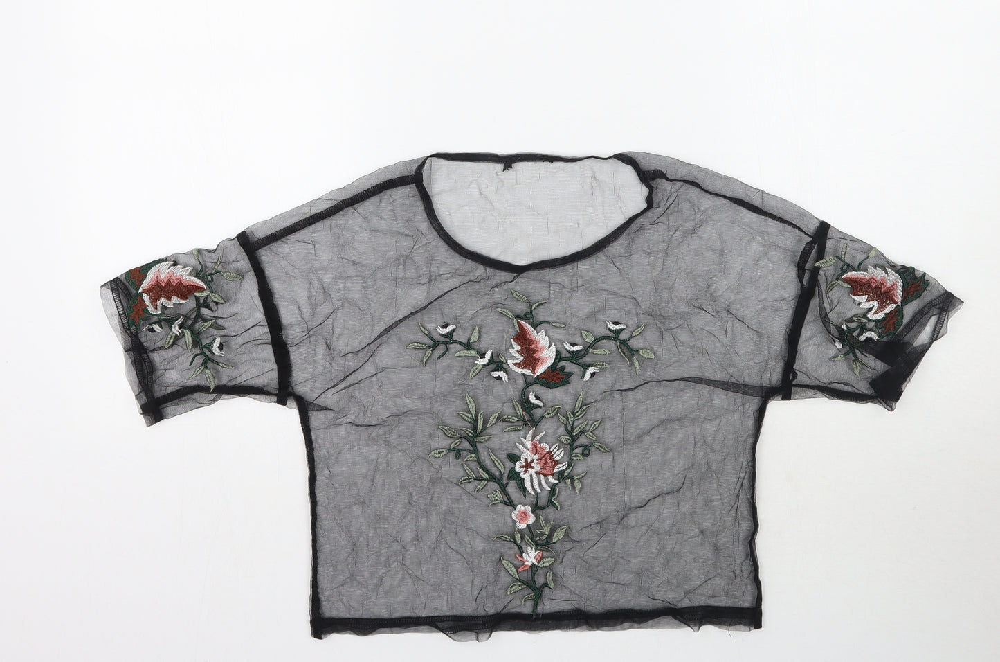 Preworn Womens Black  Mesh Basic Blouse Size M  - Floral Embroidery