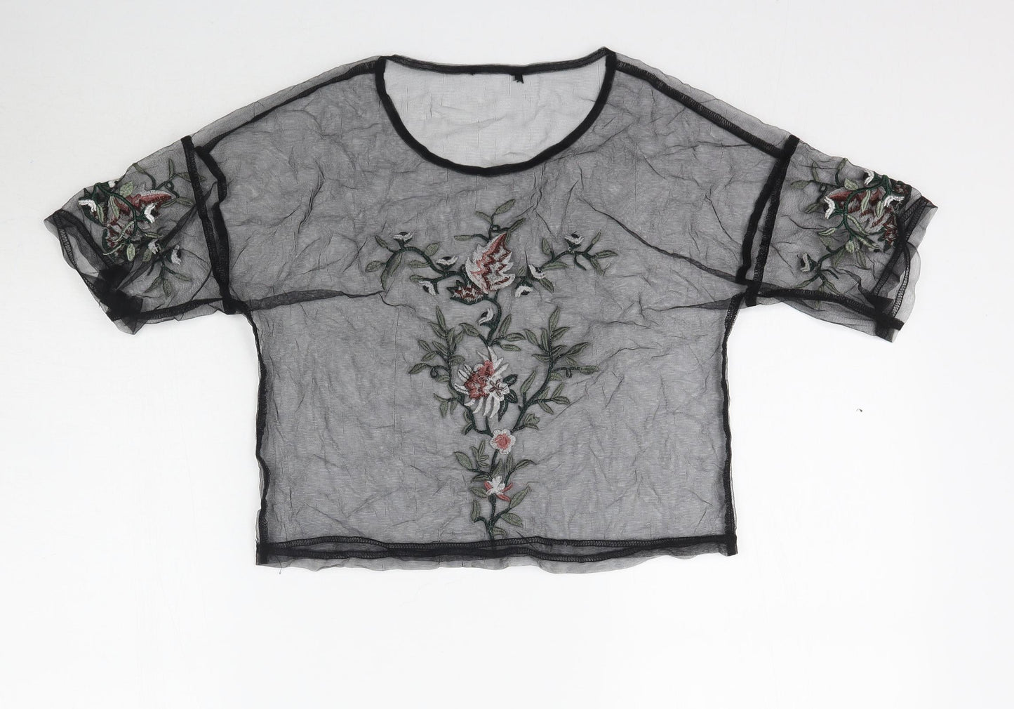 Preworn Womens Black  Mesh Basic Blouse Size M  - Floral Embroidery