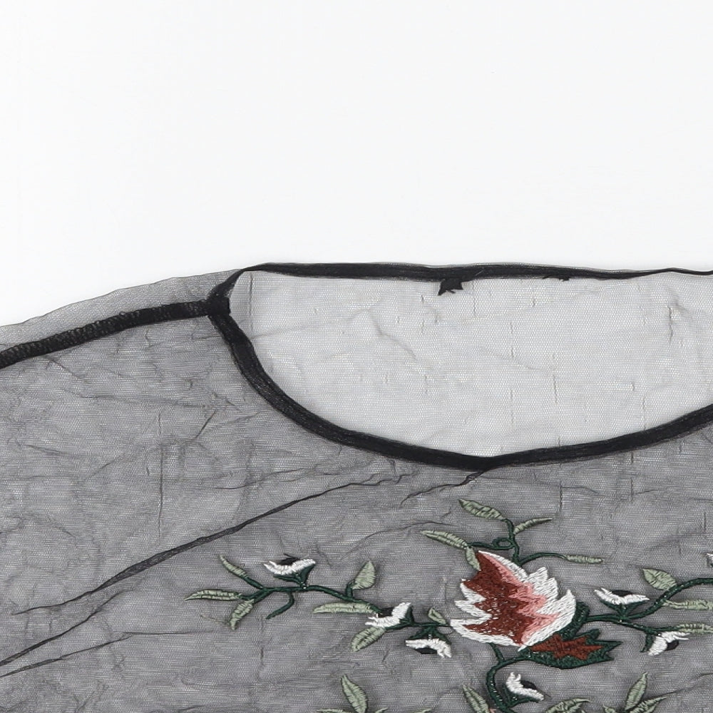Preworn Womens Black  Mesh Basic Blouse Size M  - Floral Embroidery