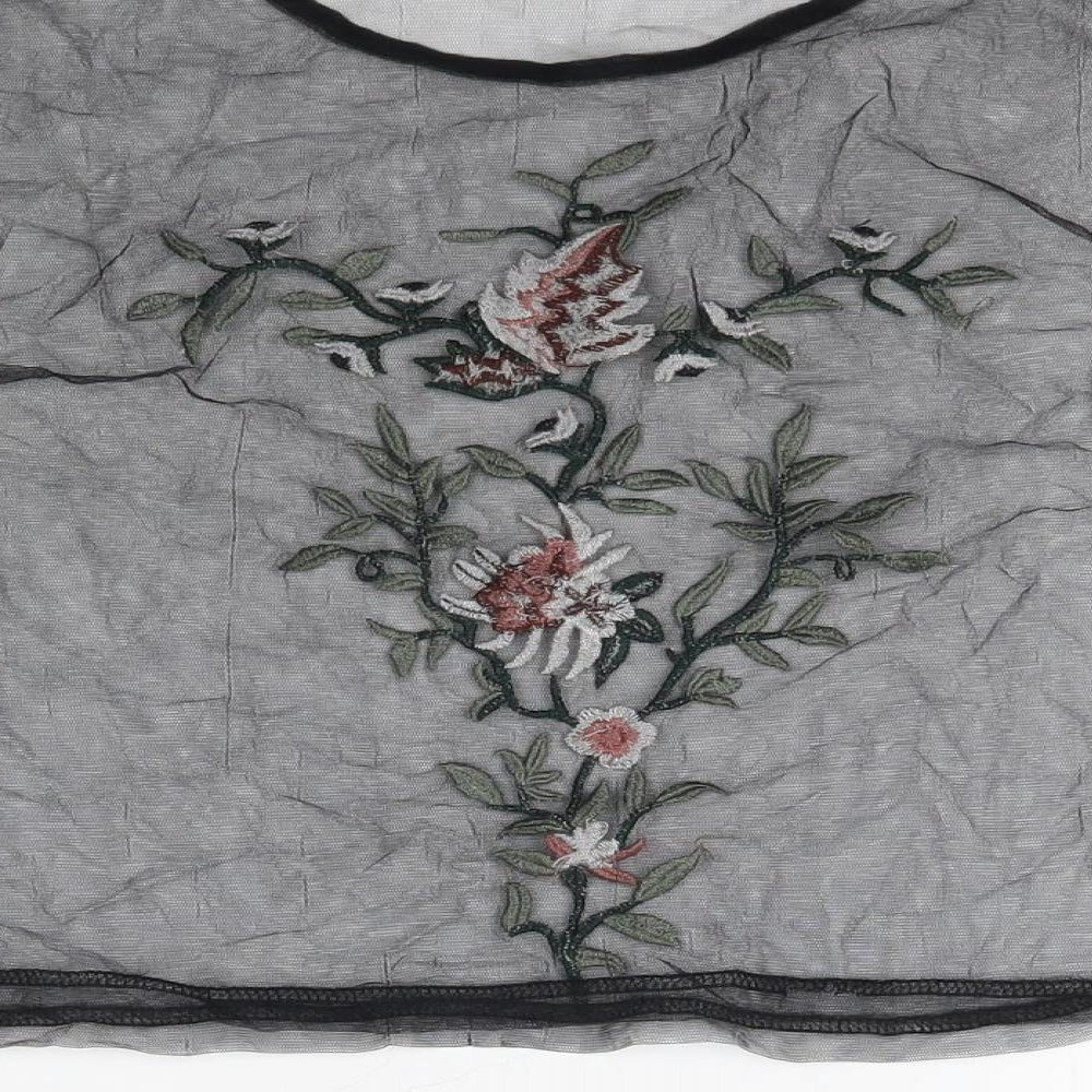 Preworn Womens Black  Mesh Basic Blouse Size M  - Floral Embroidery