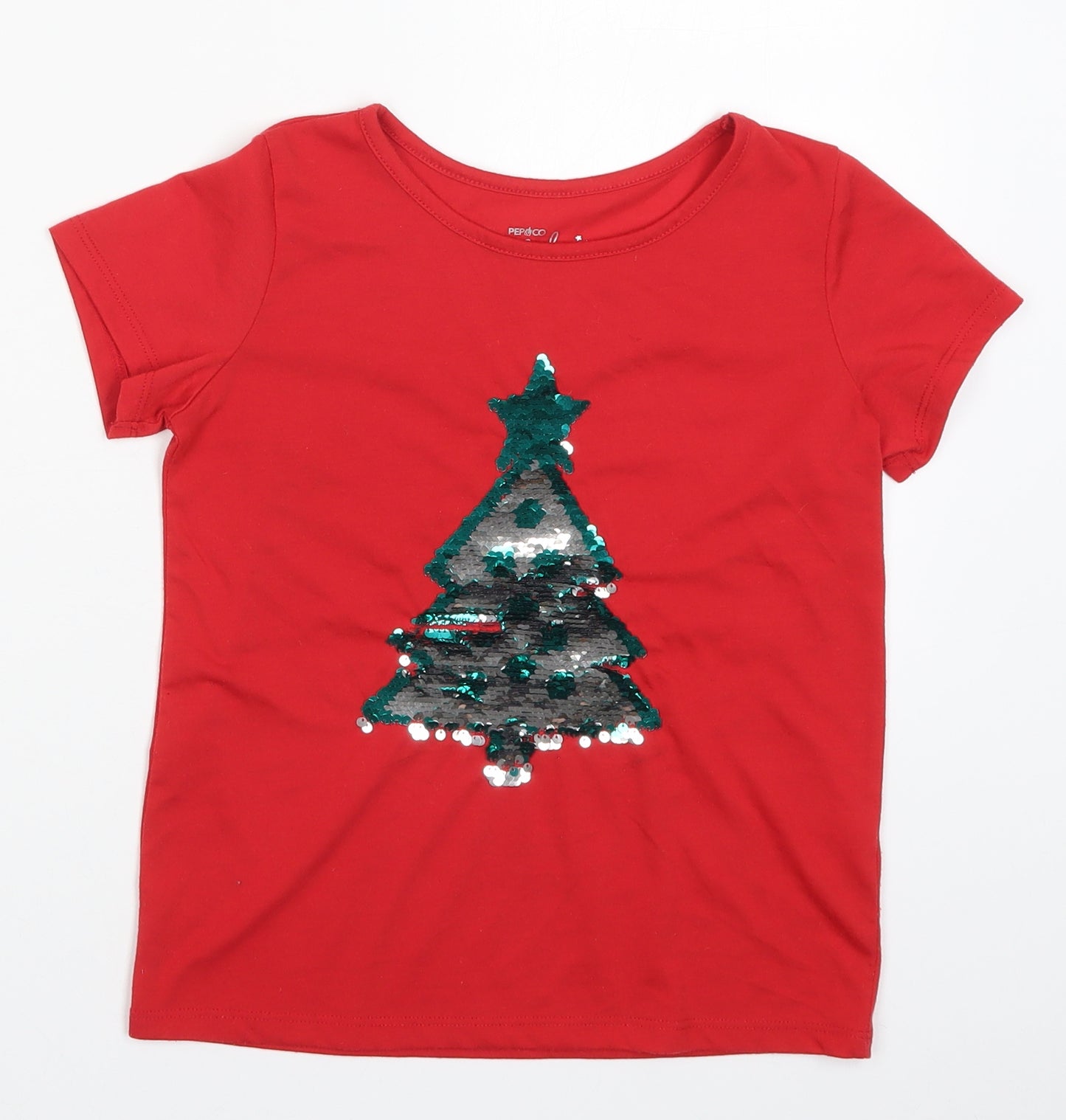 Pep&Co Girls Red   Basic T-Shirt Size 7-8 Years  - Christmas Tree