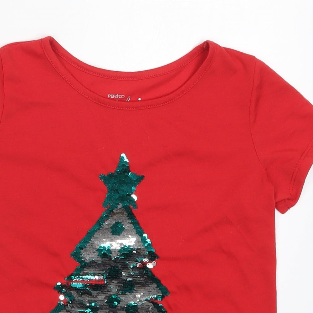 Pep&Co Girls Red   Basic T-Shirt Size 7-8 Years  - Christmas Tree