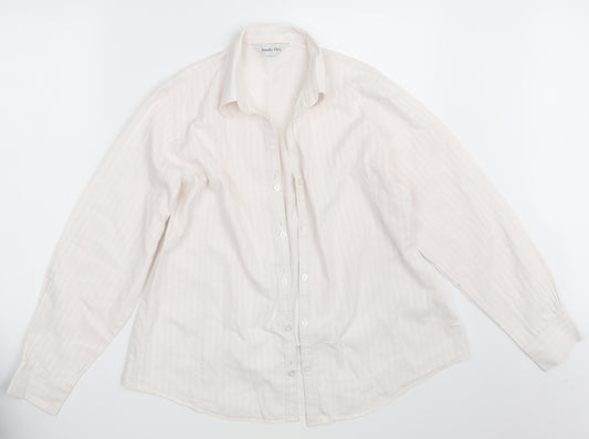 Front view of Double TWO women’s pink striped basic button-up, size UK 16