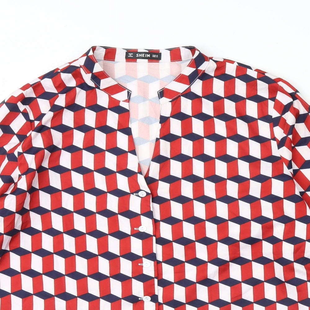 Shein  Womens Red Herringbone  Basic Button-Up Size XL