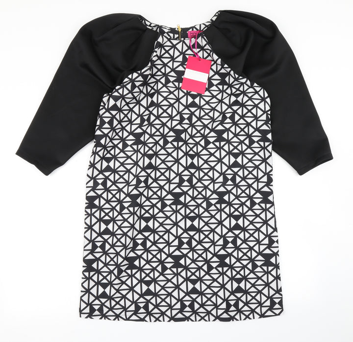 Boohoo Womens Black Geometric A-Line Size 12 - Balloon sleeve