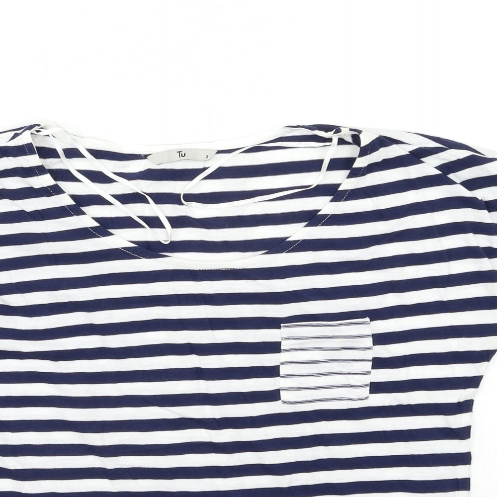 TU Womens White Striped  Basic T-Shirt Size 8
