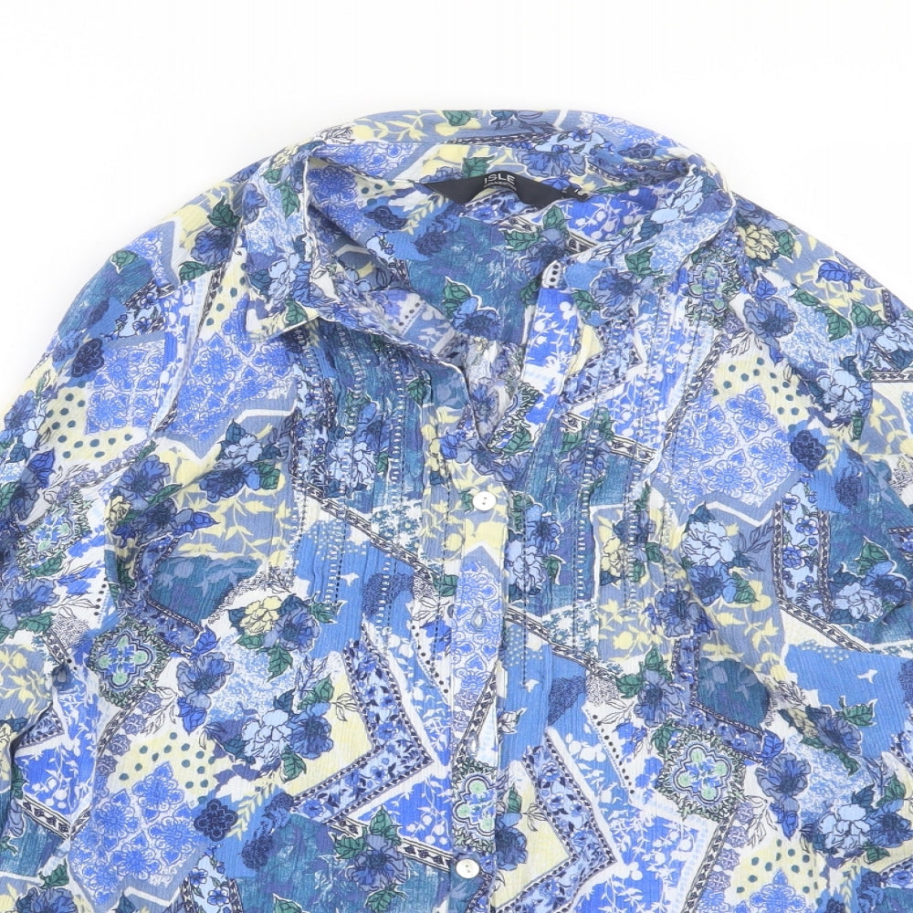 Isle Womens Blue Floral  Basic Button-Up Size 18