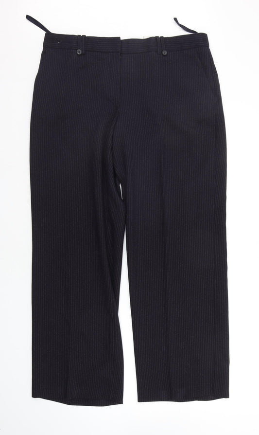 Front view of NEXT women’s blue striped trousers, size UK 16, 28-inch leg