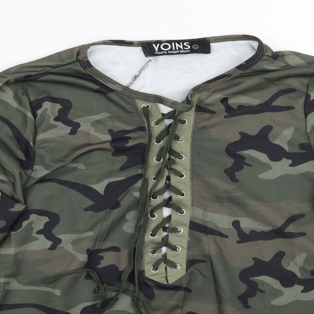 Yoins Womens Green Camouflage  Basic T-Shirt Size L