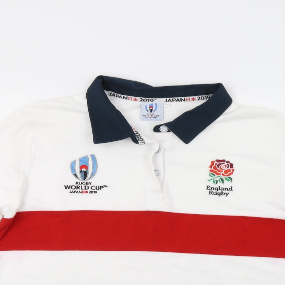 Rugby World Cup Mens White Striped   Polo Size L  - England Rugby