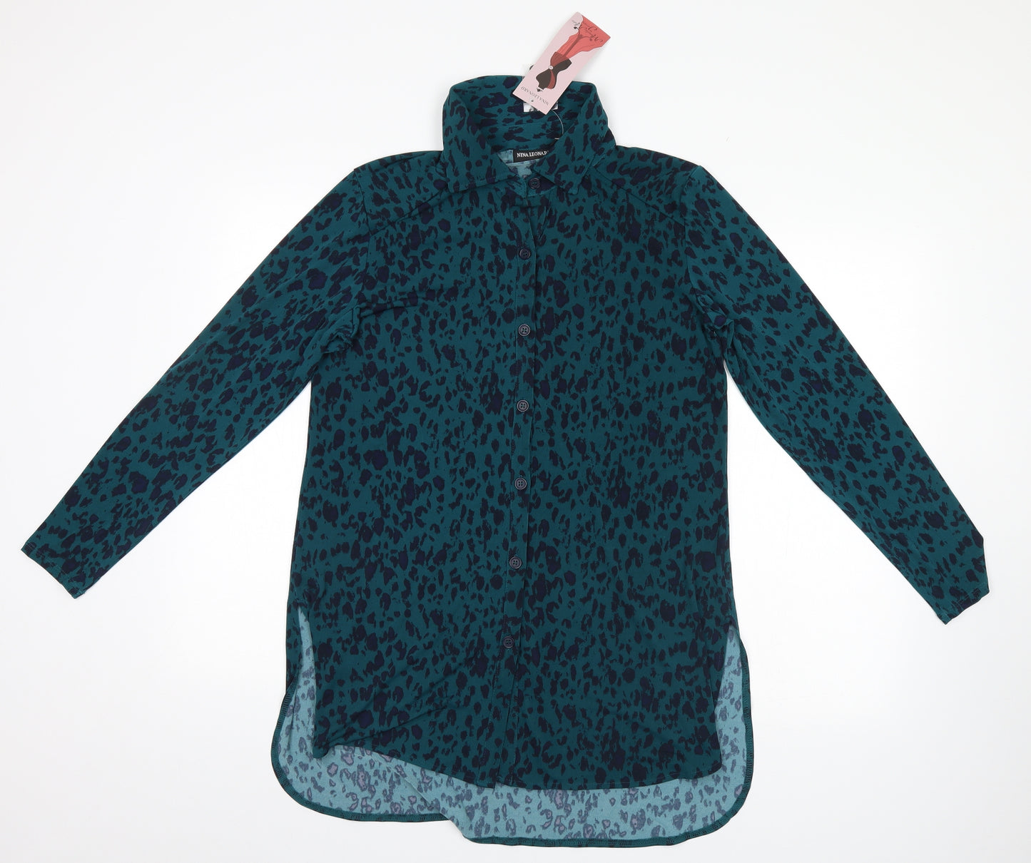 Nina Leonard Womens Blue Animal Print  Basic Button-Up Size M