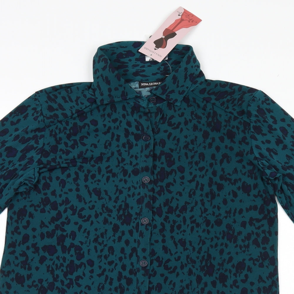 Nina Leonard Womens Blue Animal Print  Basic Button-Up Size M