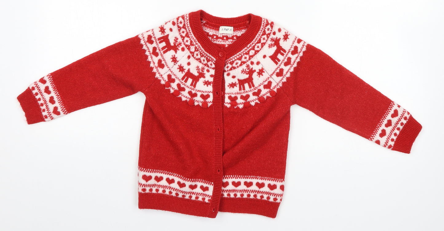F&F Girls Red Fair Isle  Cardigan Jumper Size 4-5 Years  - Chirstmas