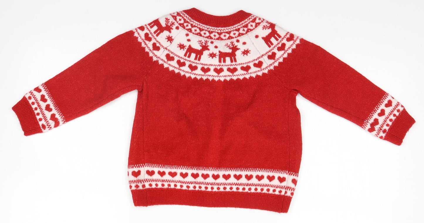 F&F Girls Red Fair Isle  Cardigan Jumper Size 4-5 Years  - Chirstmas