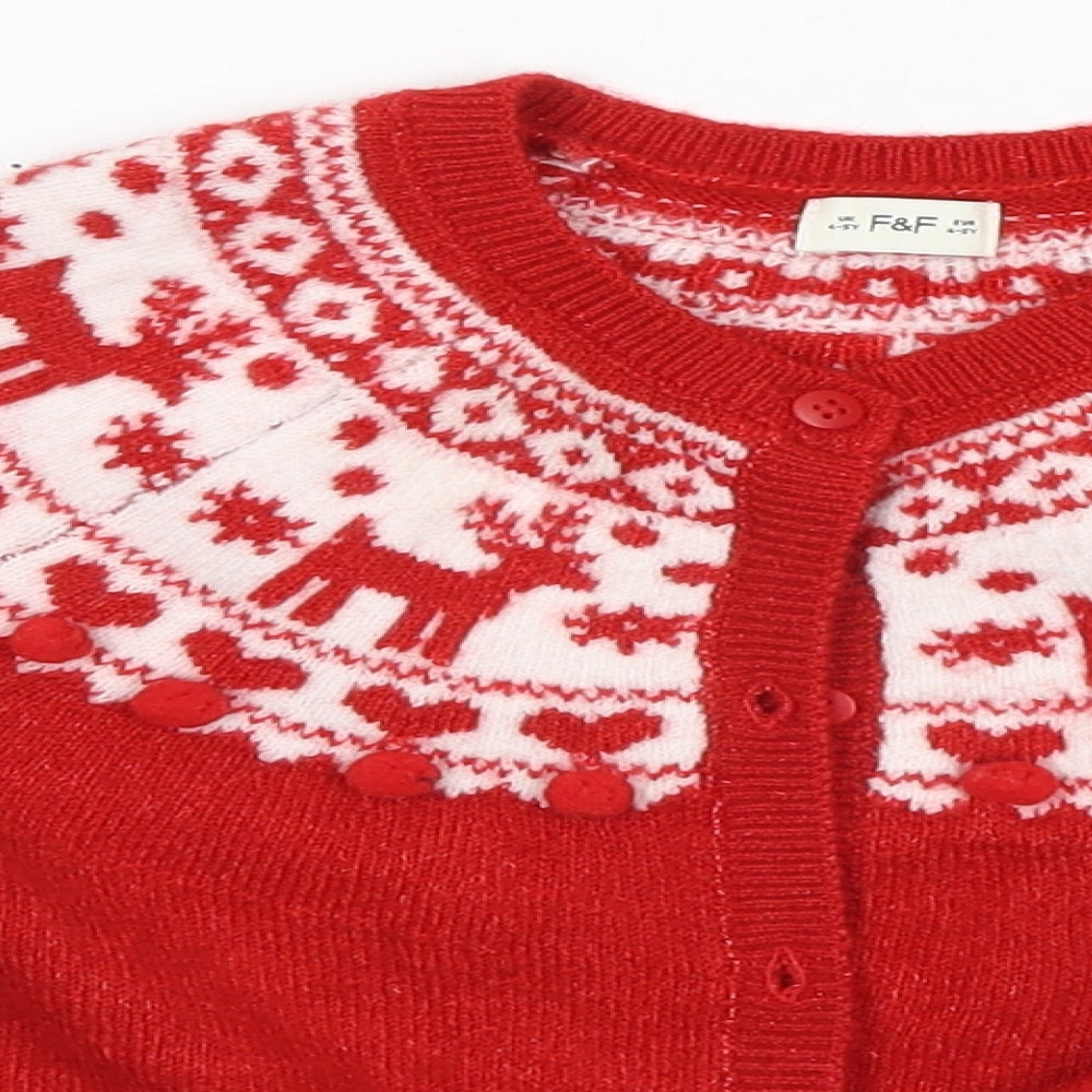 F&F Girls Red Fair Isle  Cardigan Jumper Size 4-5 Years  - Chirstmas