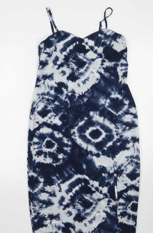 Front view of Primark women’s blue tie dye a-line, size UK 6