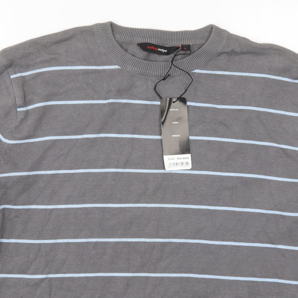 Cutting Edge Mens Grey Striped Knit Pullover Jumper Size L