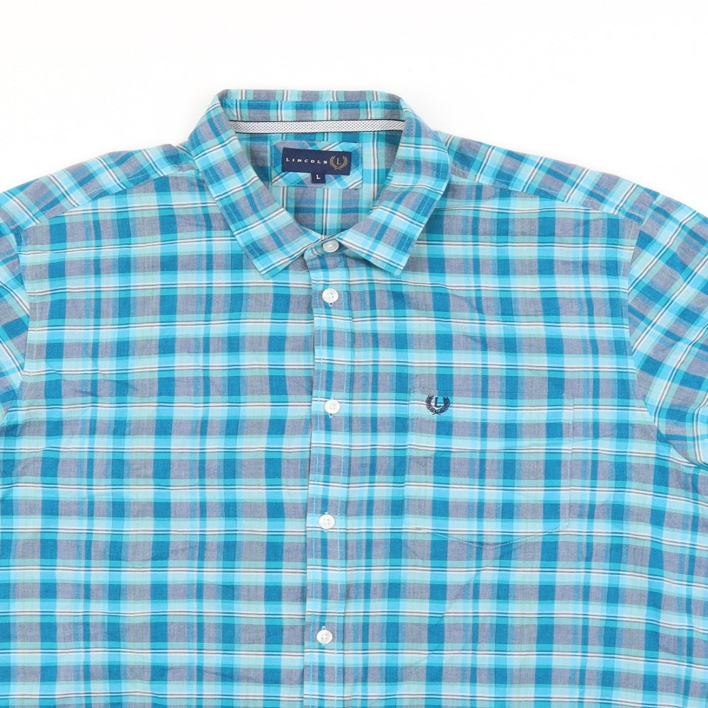 Lincoln Mens Blue Check   Button-Up Size L