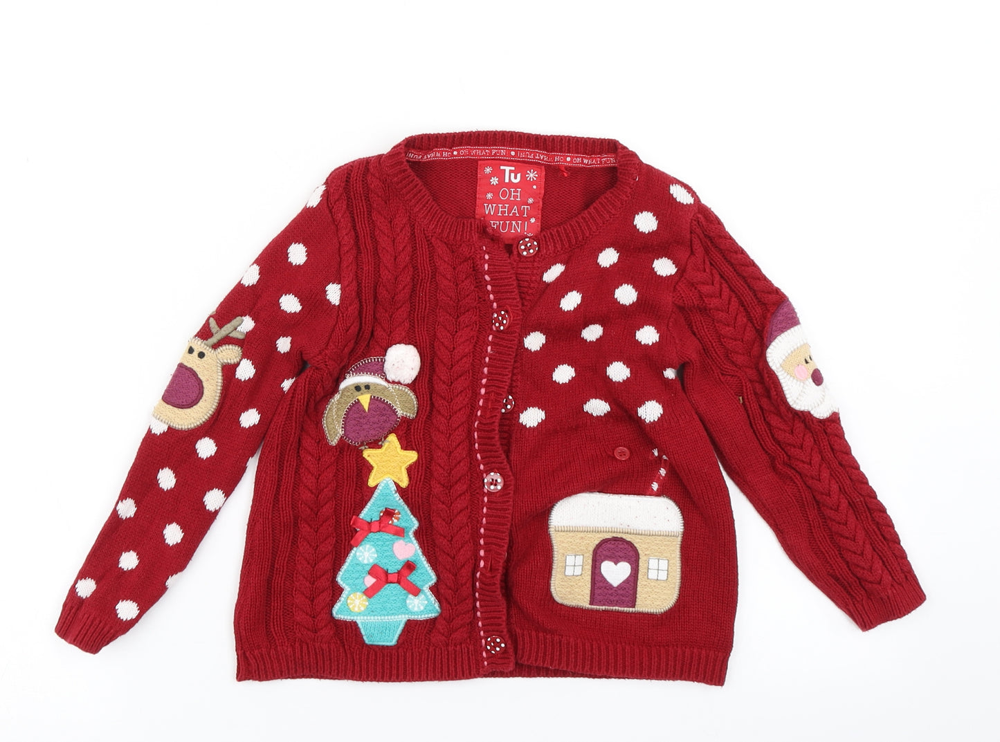 TU Girls Red Polka Dot Knit Cardigan Jumper Size 3-4 Years  - Christmas Jumper