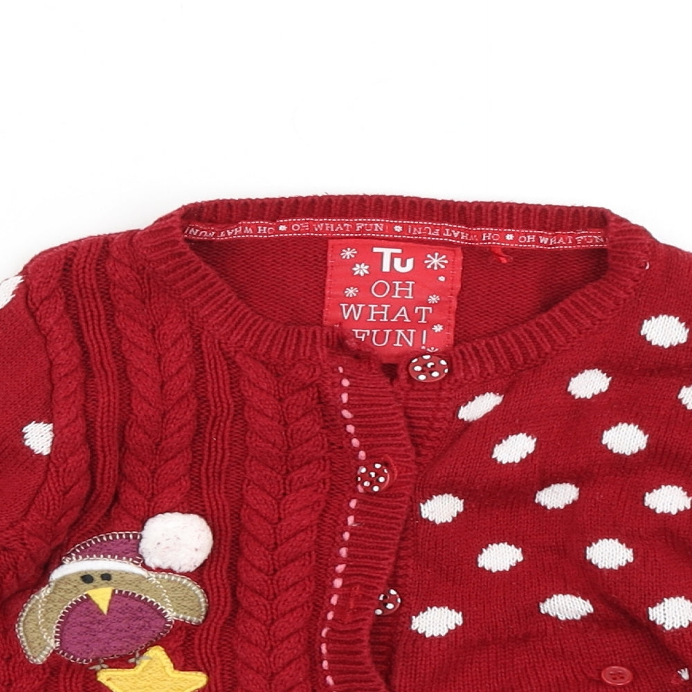 TU Girls Red Polka Dot Knit Cardigan Jumper Size 3-4 Years  - Christmas Jumper