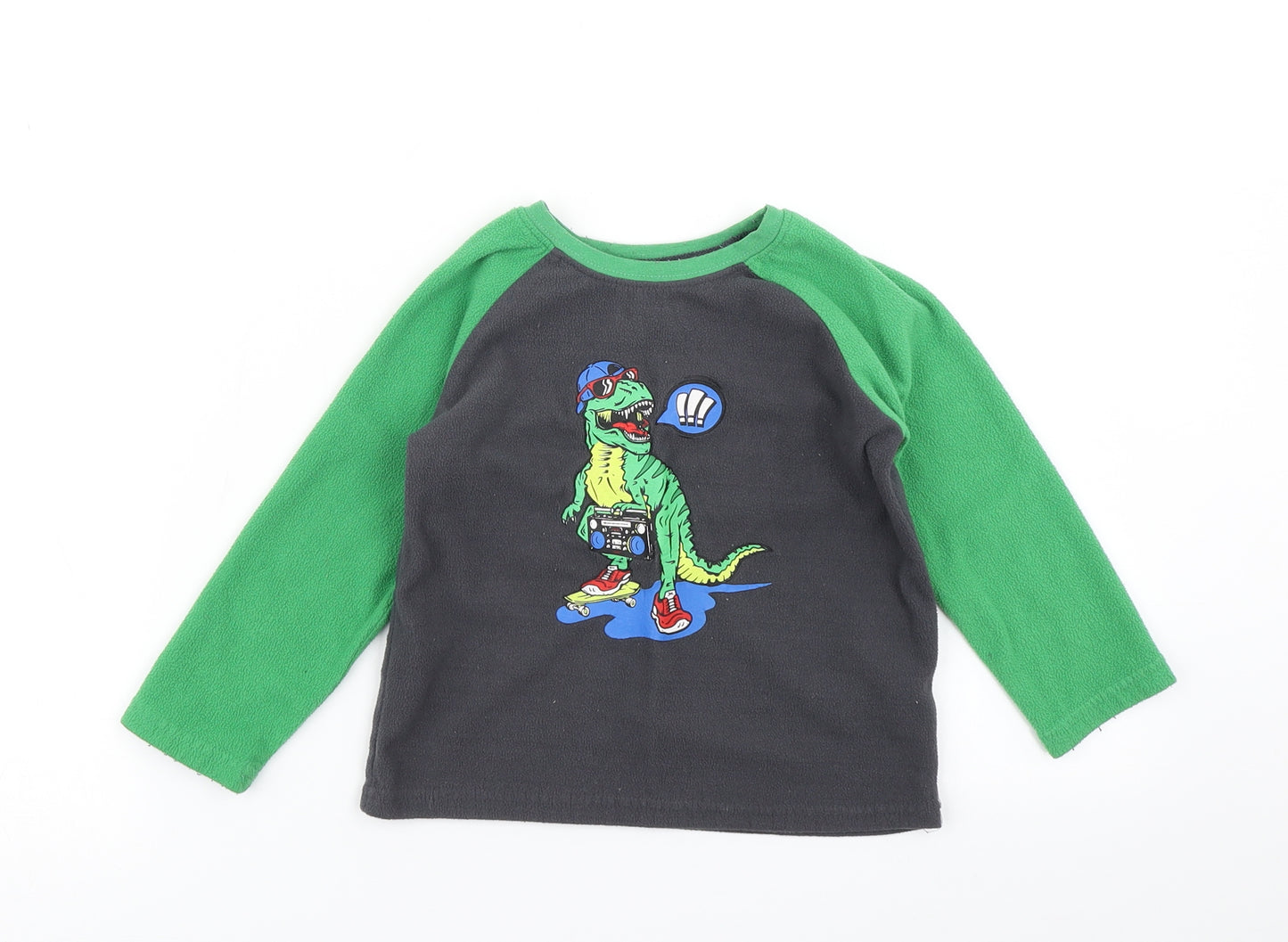 Primark Boys Green Colourblock Fleece Pullover T-Shirt Size 2-3 Years  - Dinosaur