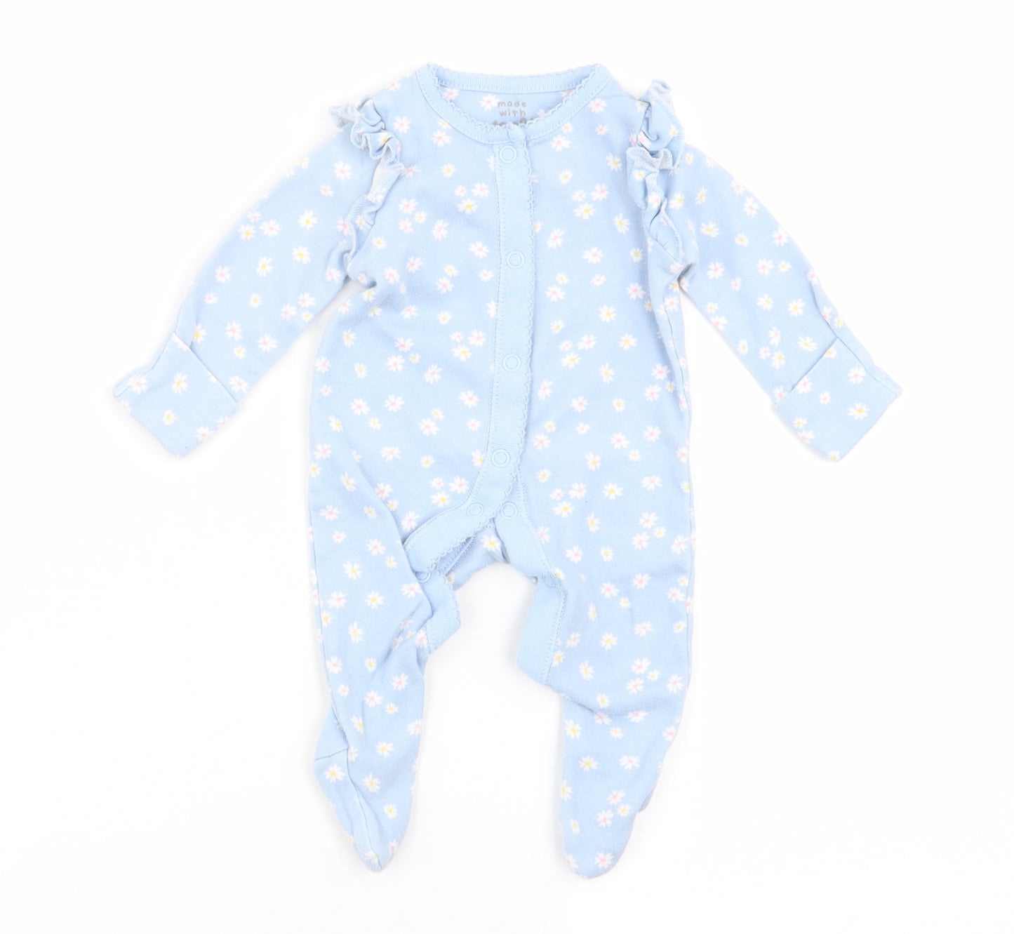 fred and flo Girls Blue Floral  Babygrow One-Piece Size 0-3 Months