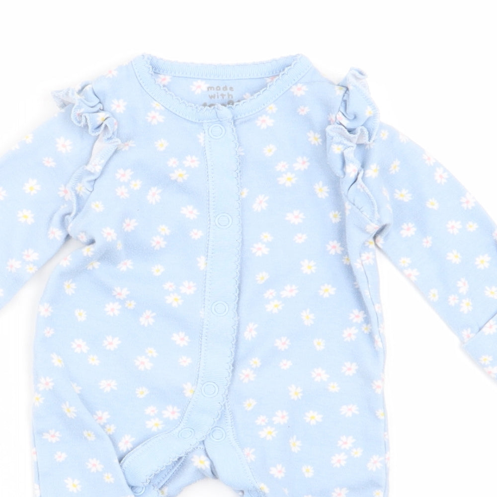 fred and flo Girls Blue Floral  Babygrow One-Piece Size 0-3 Months