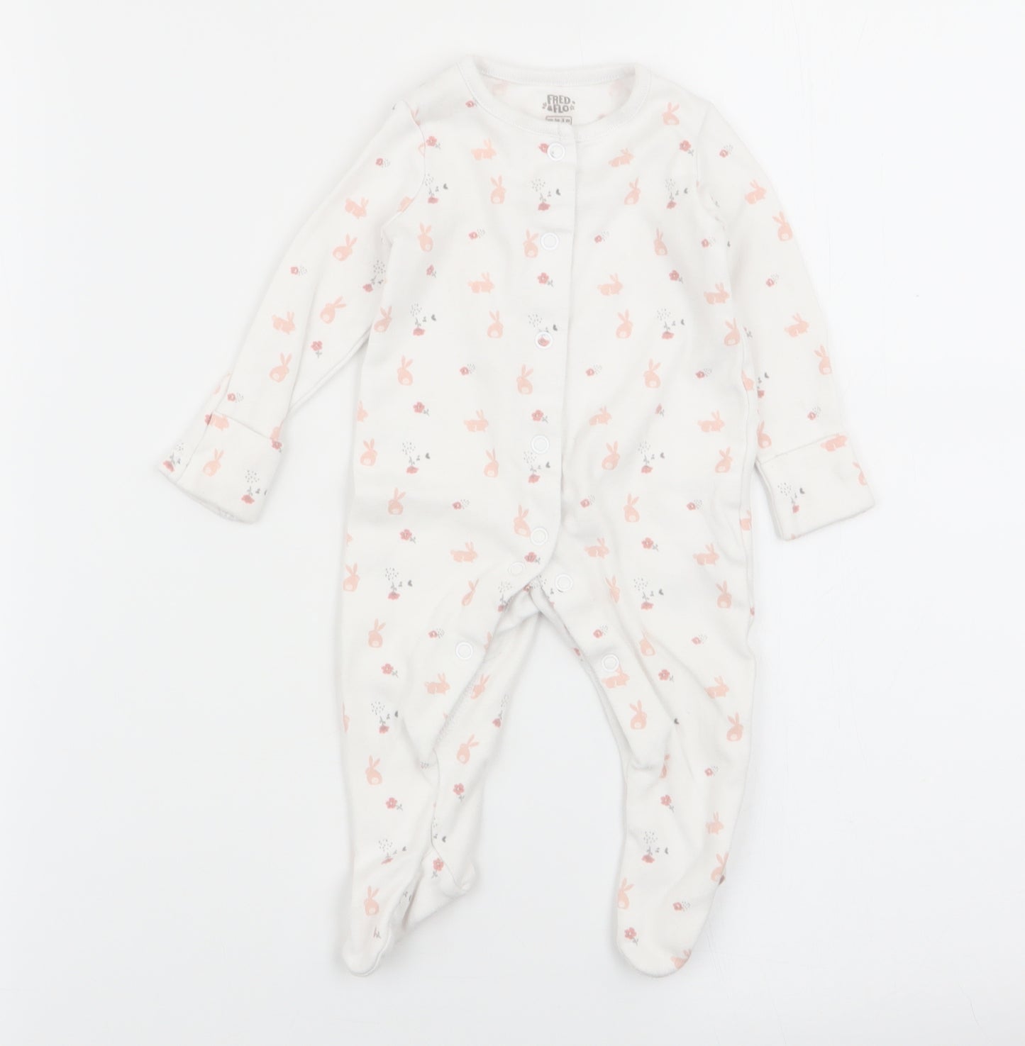 fred and flo Girls White Animal Print  Babygrow One-Piece Size 0-3 Months