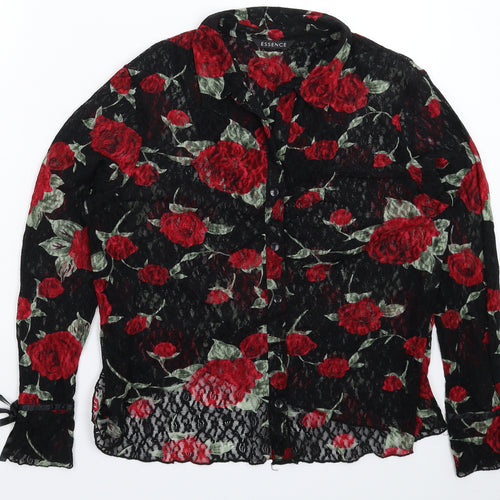 essence Womens Black Floral Lace Basic Button-Up Size L