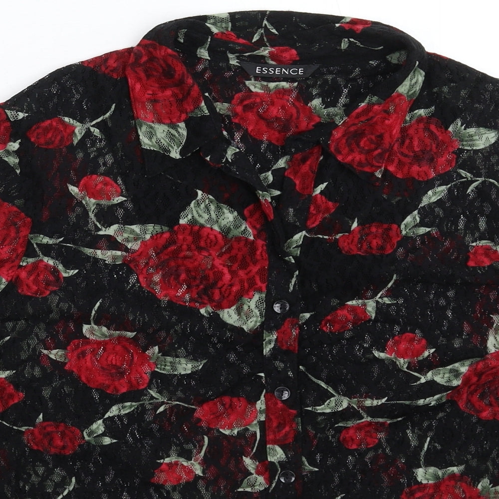 essence Womens Black Floral Lace Basic Button-Up Size L