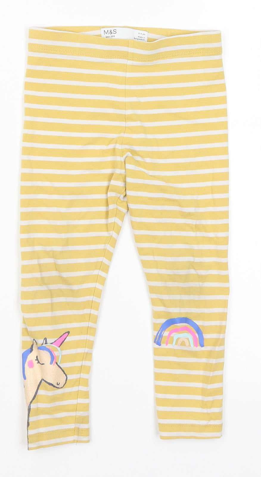 M&S Girls Yellow Striped  Capri Trousers Size 3-4 Years - Unicorn