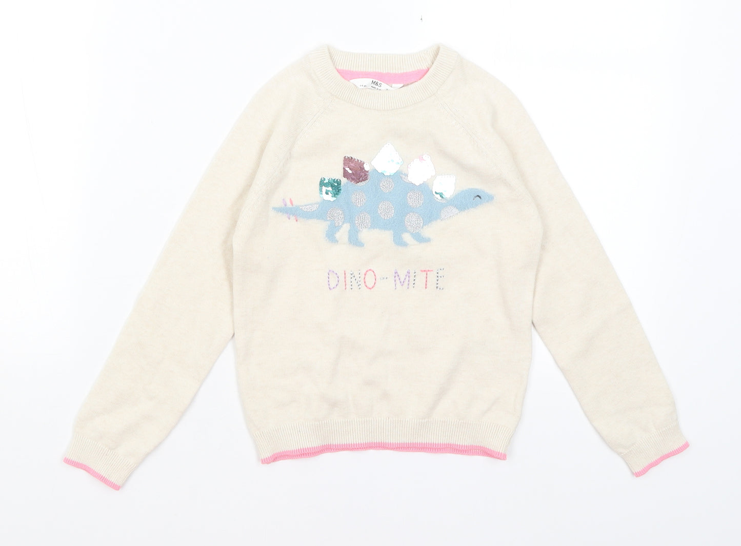 M&S Girls Ivory   Pullover Jumper Size 5-6 Years  - Dino-mite