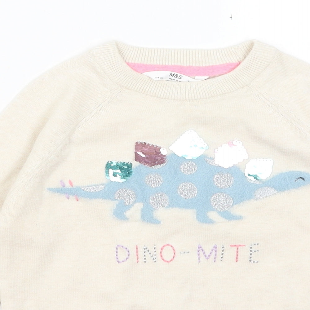 M&S Girls Ivory   Pullover Jumper Size 5-6 Years  - Dino-mite