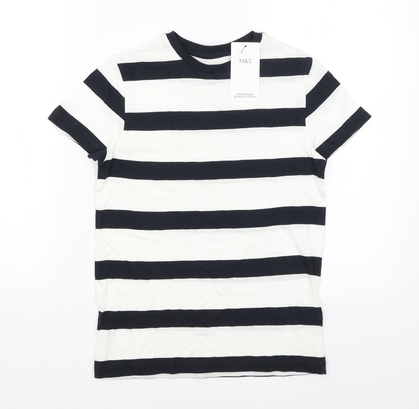 M&S Boys White Striped  Basic T-Shirt Size 10-11 Years