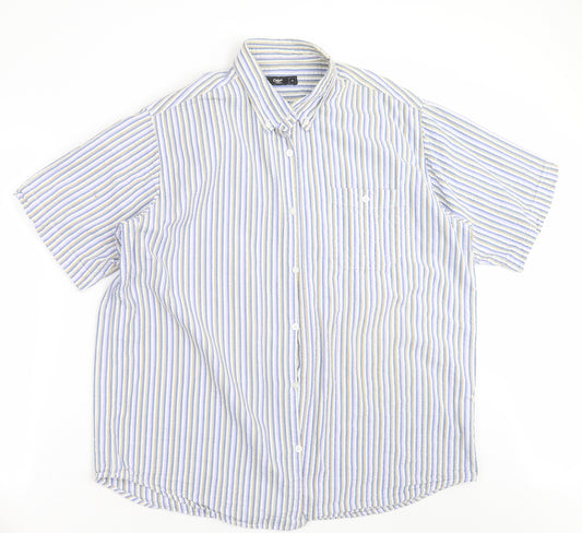 Front view of Cotton Traders men’s blue striped button-up, size XL