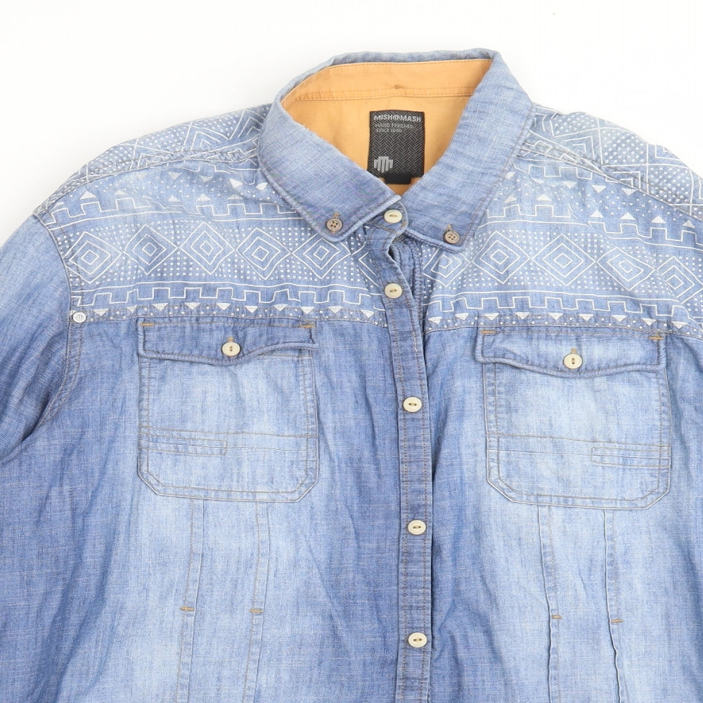 Mish Mash Mens Blue Geometric Denim  Button-Up Size XL