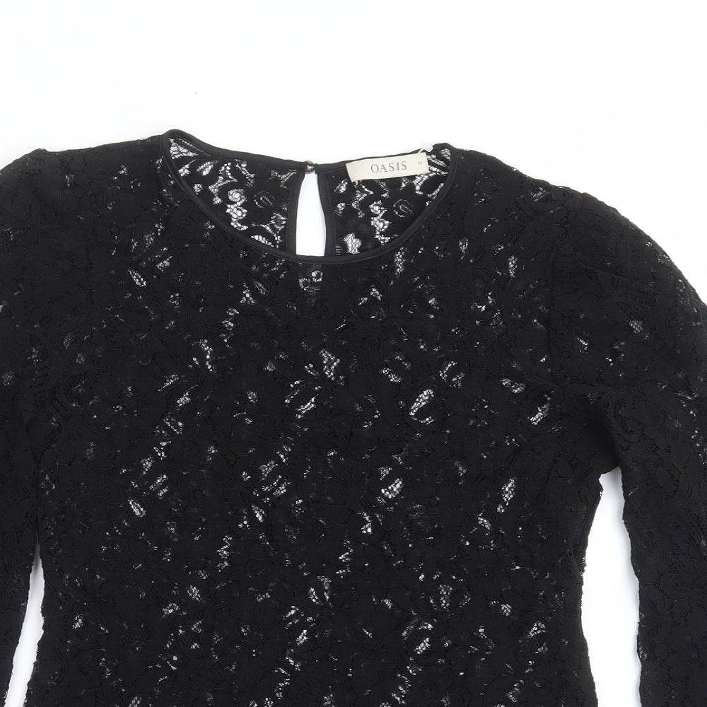 Oasis Womens Black Floral  Basic Blouse Size M  - sheer lace