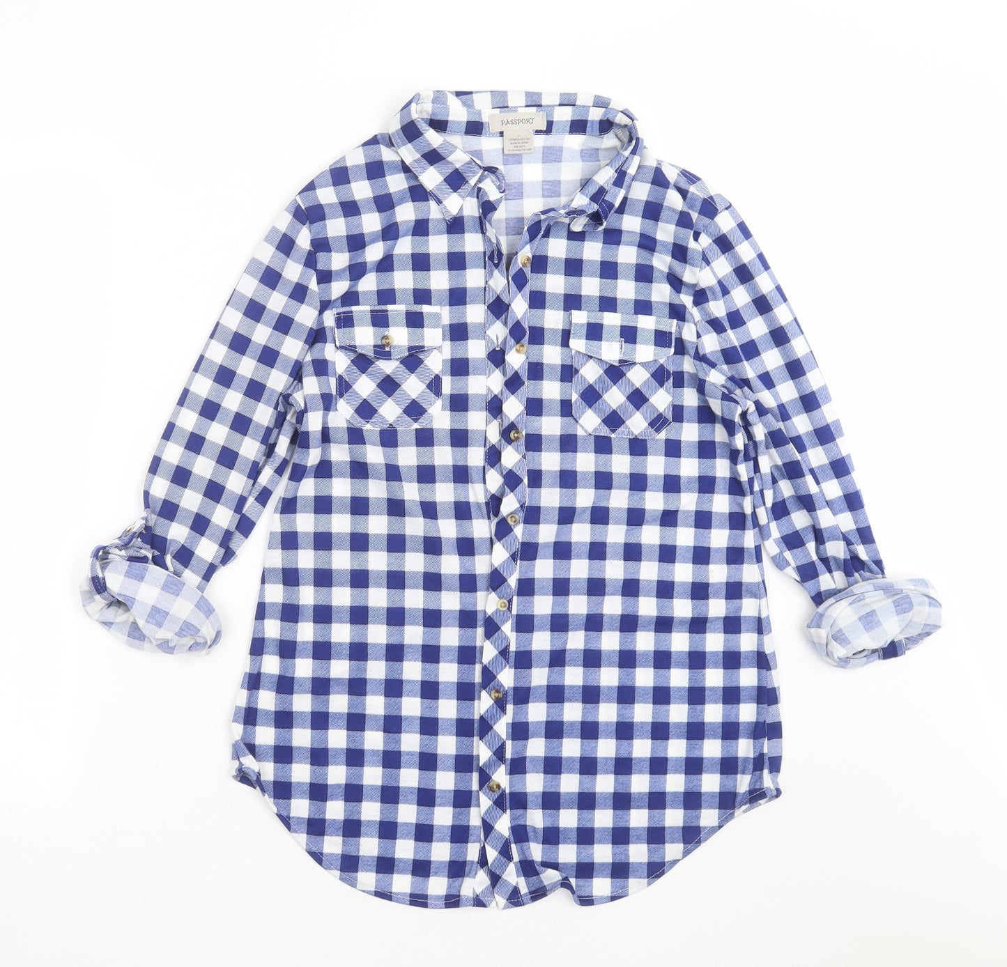Passport Womens Blue Check  Basic Button-Up Size L