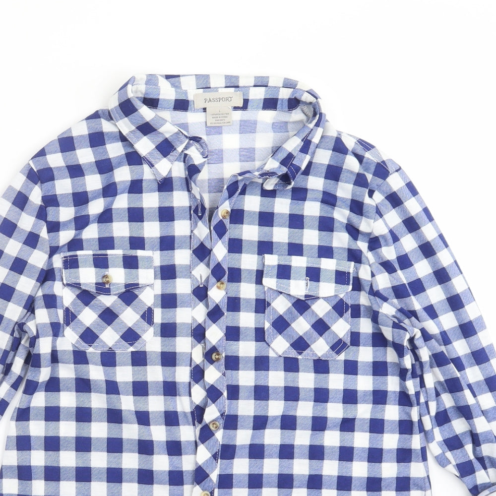 Passport Womens Blue Check  Basic Button-Up Size L