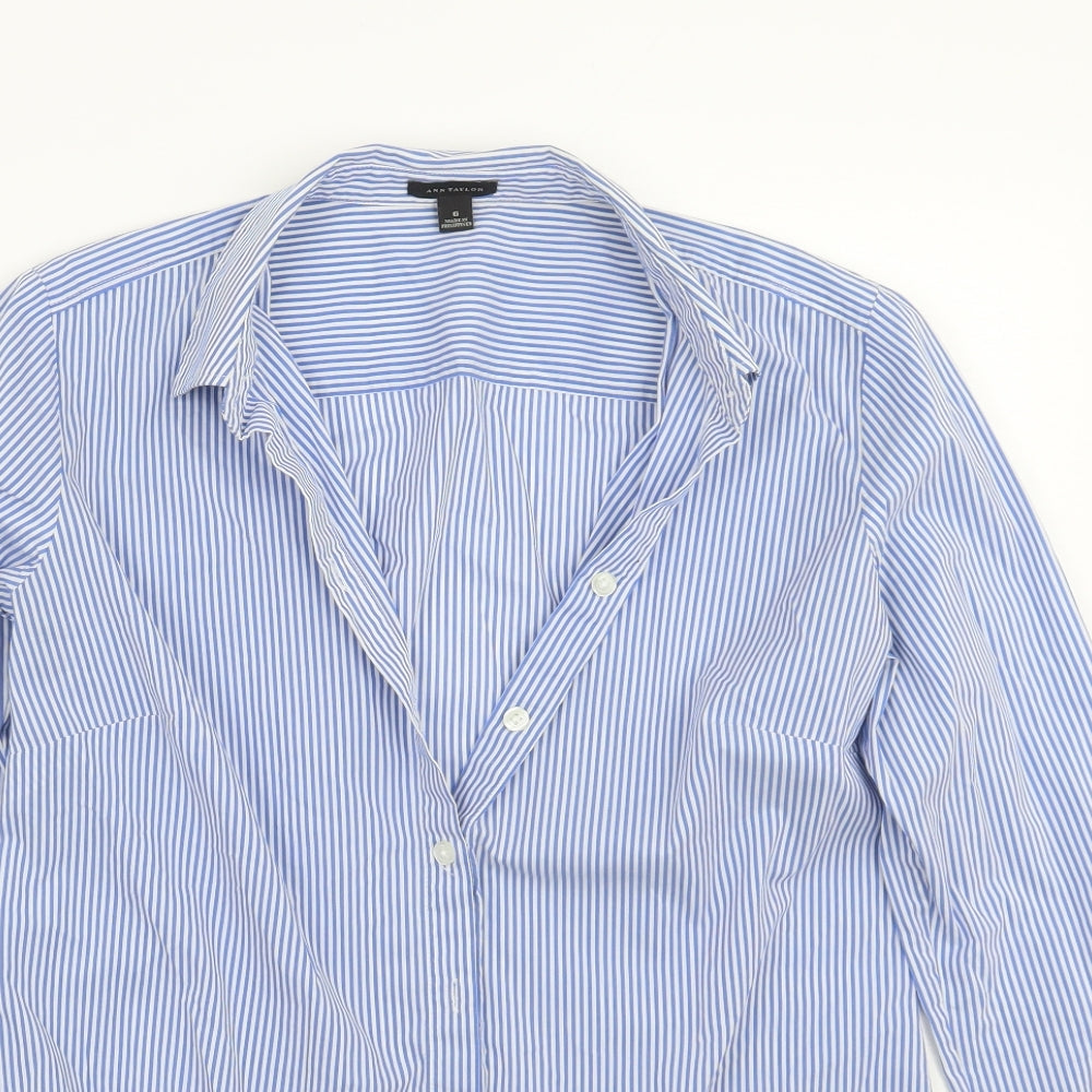 Ann Taylor Womens Blue Striped  Basic Button-Up Size 6