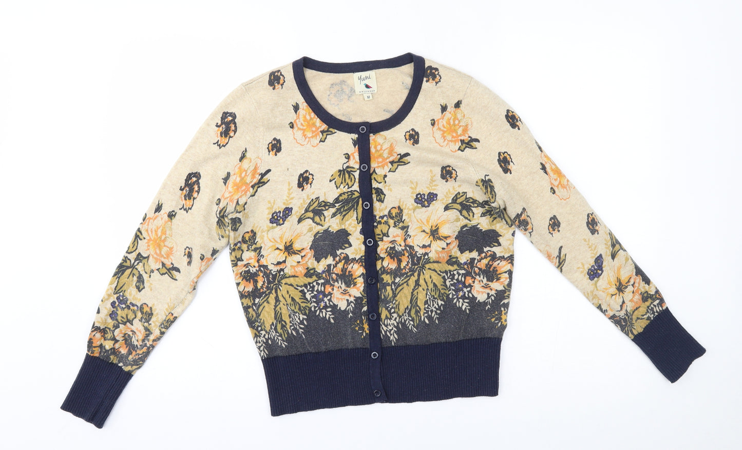 Yumi Womens Beige Floral  Cardigan Jumper Size M