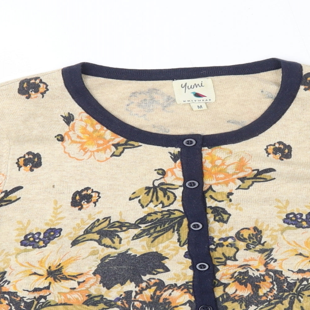 Yumi Womens Beige Floral  Cardigan Jumper Size M