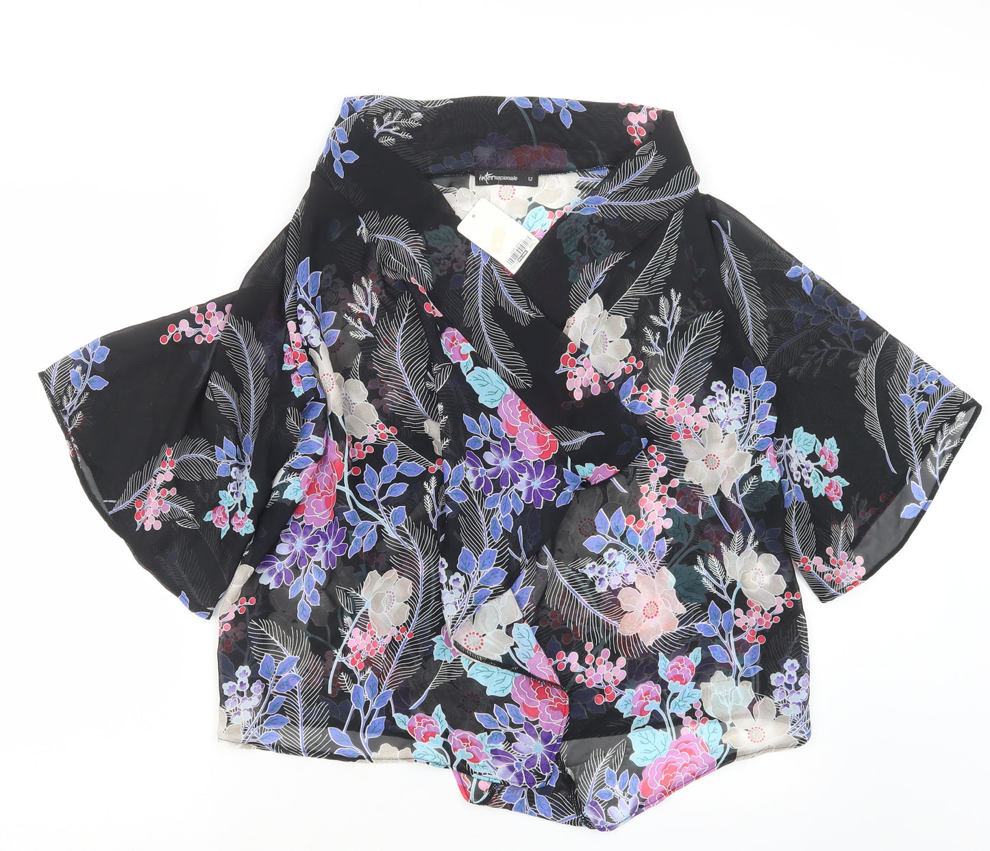 Internacionale Womens Black Floral  Kimono Jacket Size 12