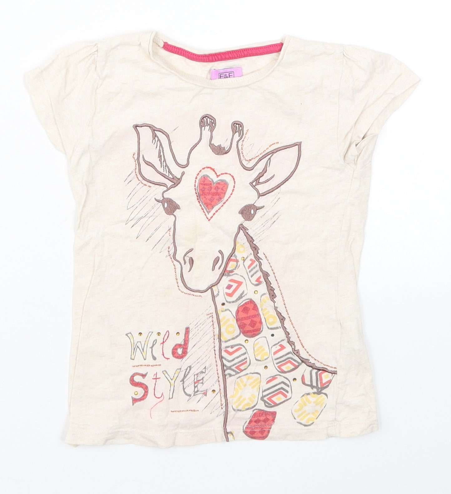 F&F Girls Beige   Basic T-Shirt Size 4-5 Years  - Giraffe Wild Style