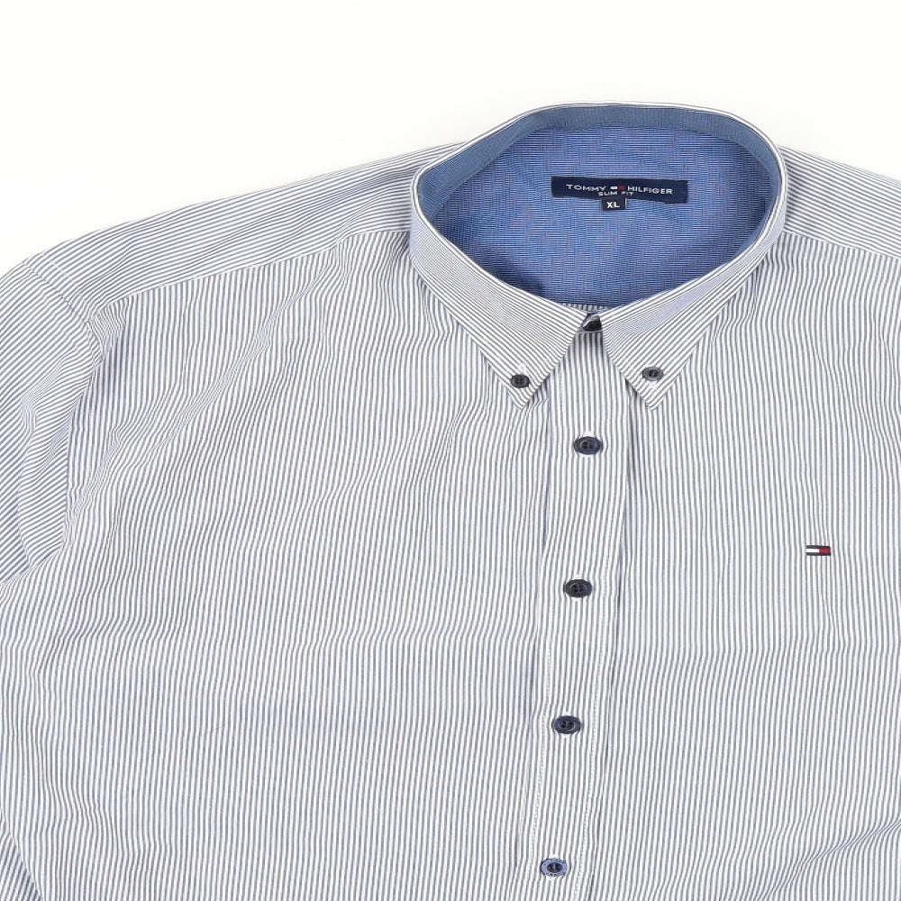 Tommy Hilfiger Mens Blue Striped   Dress Shirt Size XL