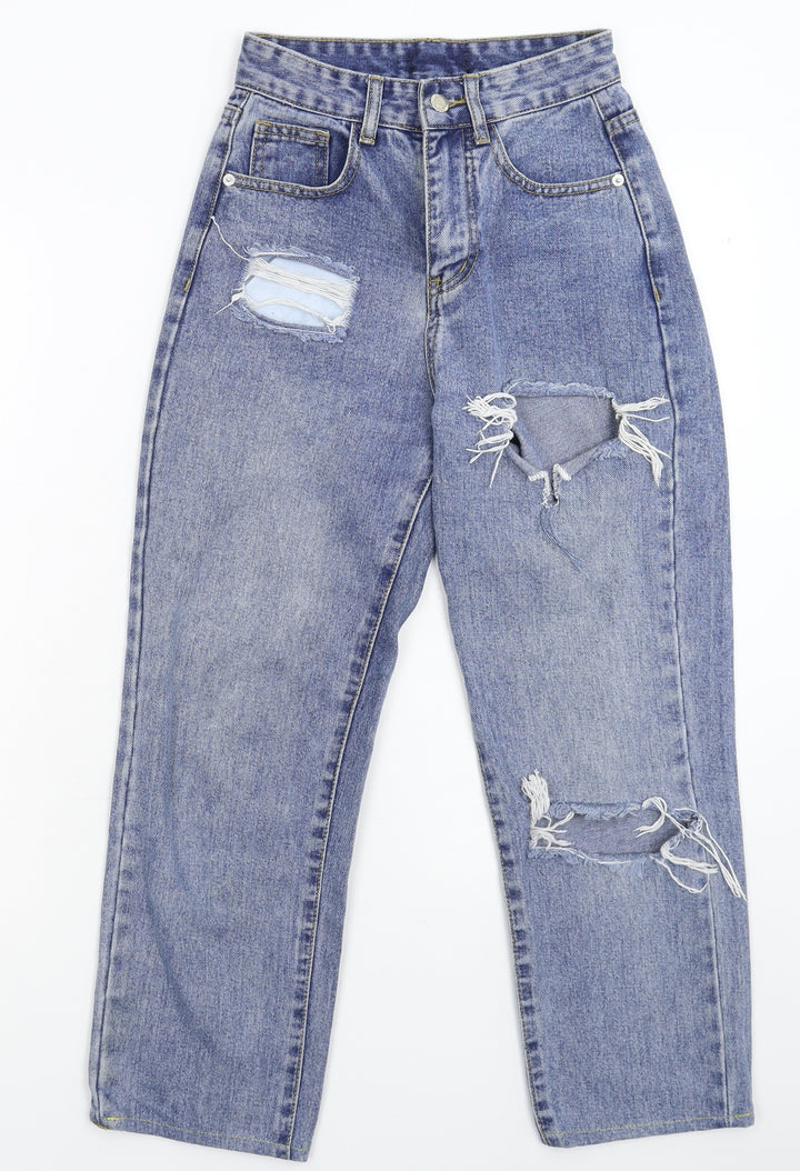 Preworn Girls Blue Denim Straight Jeans Size L - Distressed