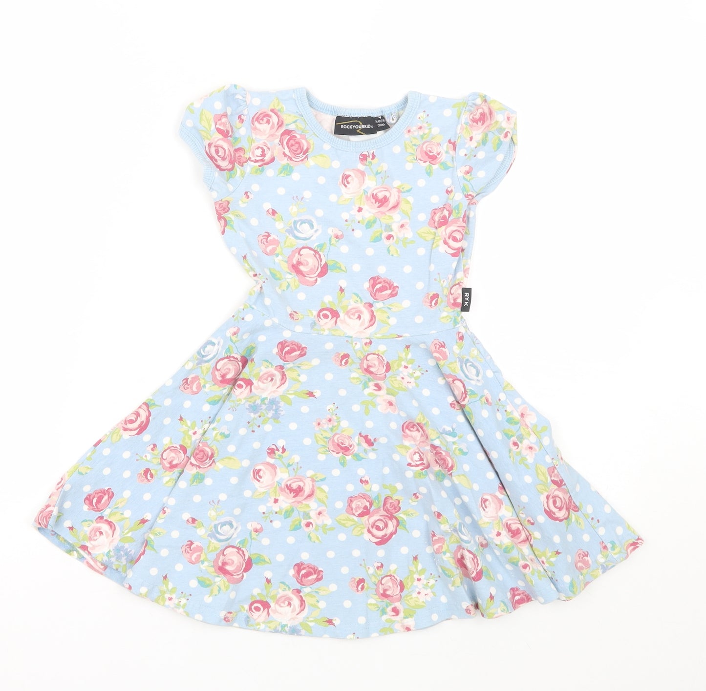 Rock your kid Girls Blue Floral  T-Shirt Dress  Size 4 Years