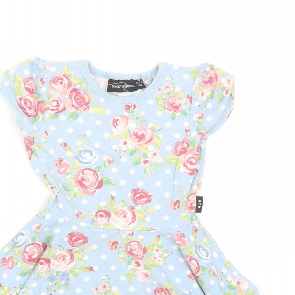 Rock your kid Girls Blue Floral  T-Shirt Dress  Size 4 Years